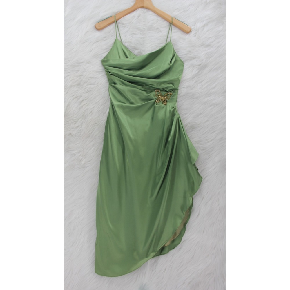 Vtg Y2K Bari Jay Cocktail Dress 8 Green Satin Butterfly Asymetircal Hem Fairy